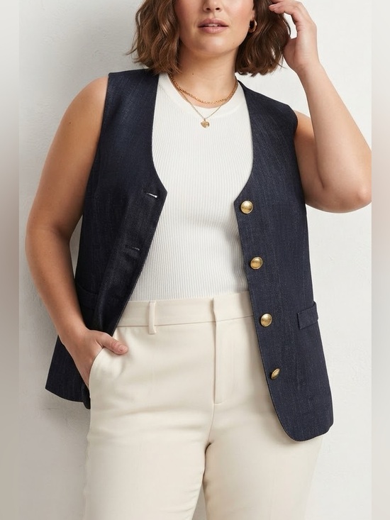 Maeve Tops - Maeve Navy Denim-Style Sleeveless Vest with Gold-Tone Button Detail